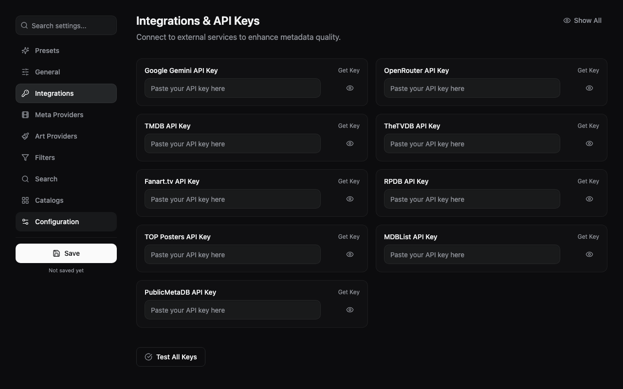 Separador Integrations do AIOMetadata com campos de API Key