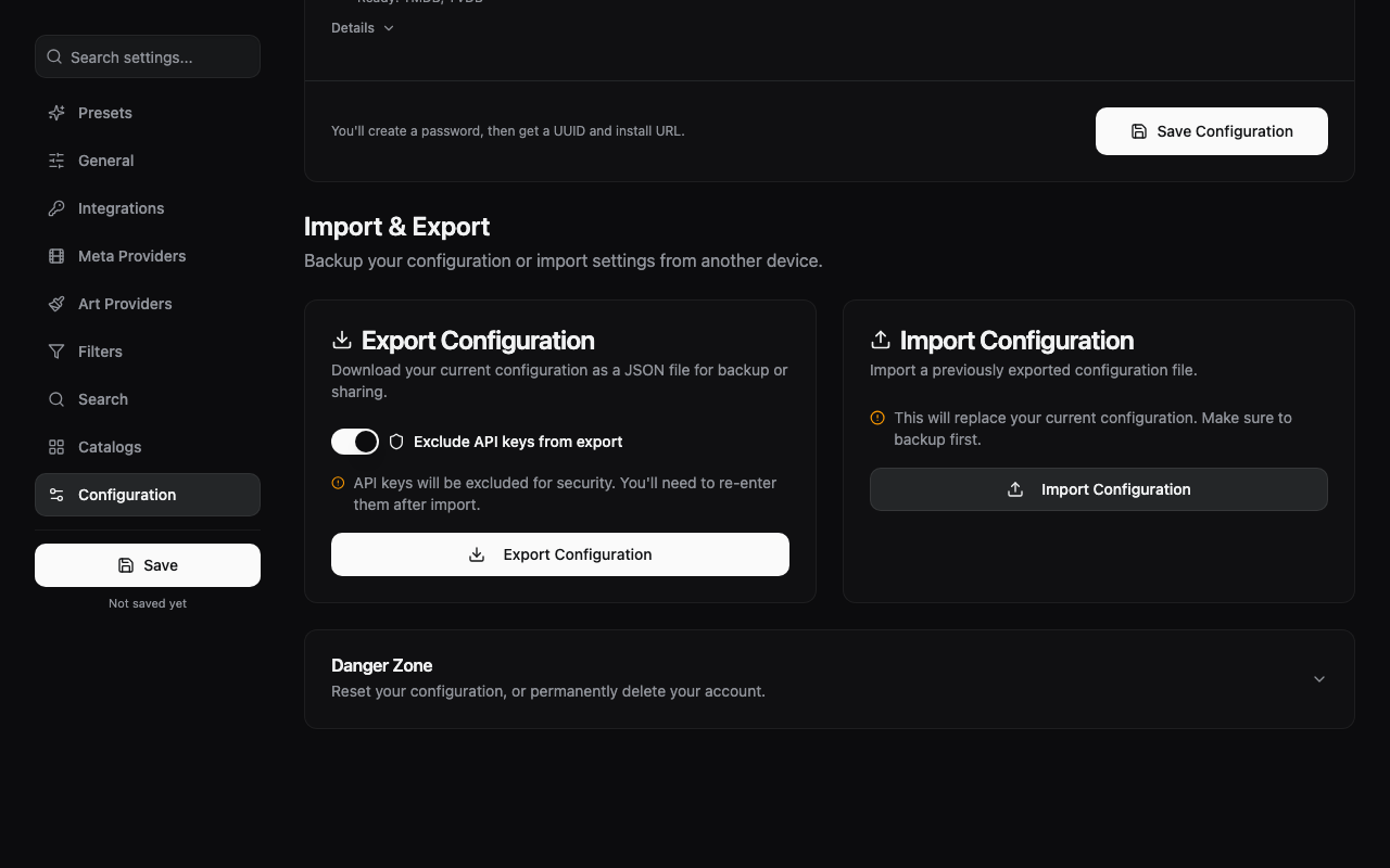 Modal Import Configuration do AIOMetadata com o URL do template colado