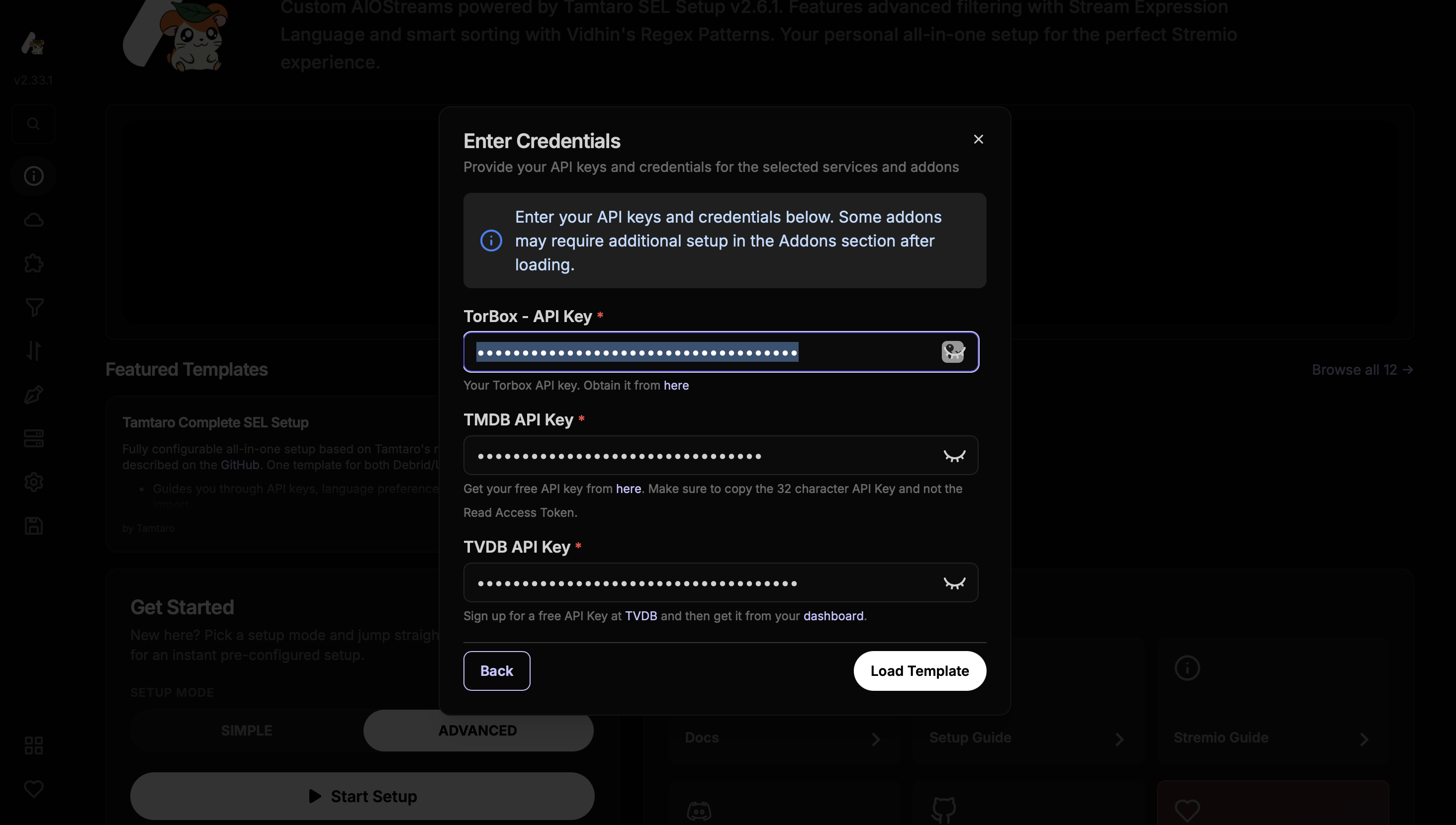 Passo Enter Credentials do assistente AIOStreams com campos de API Key