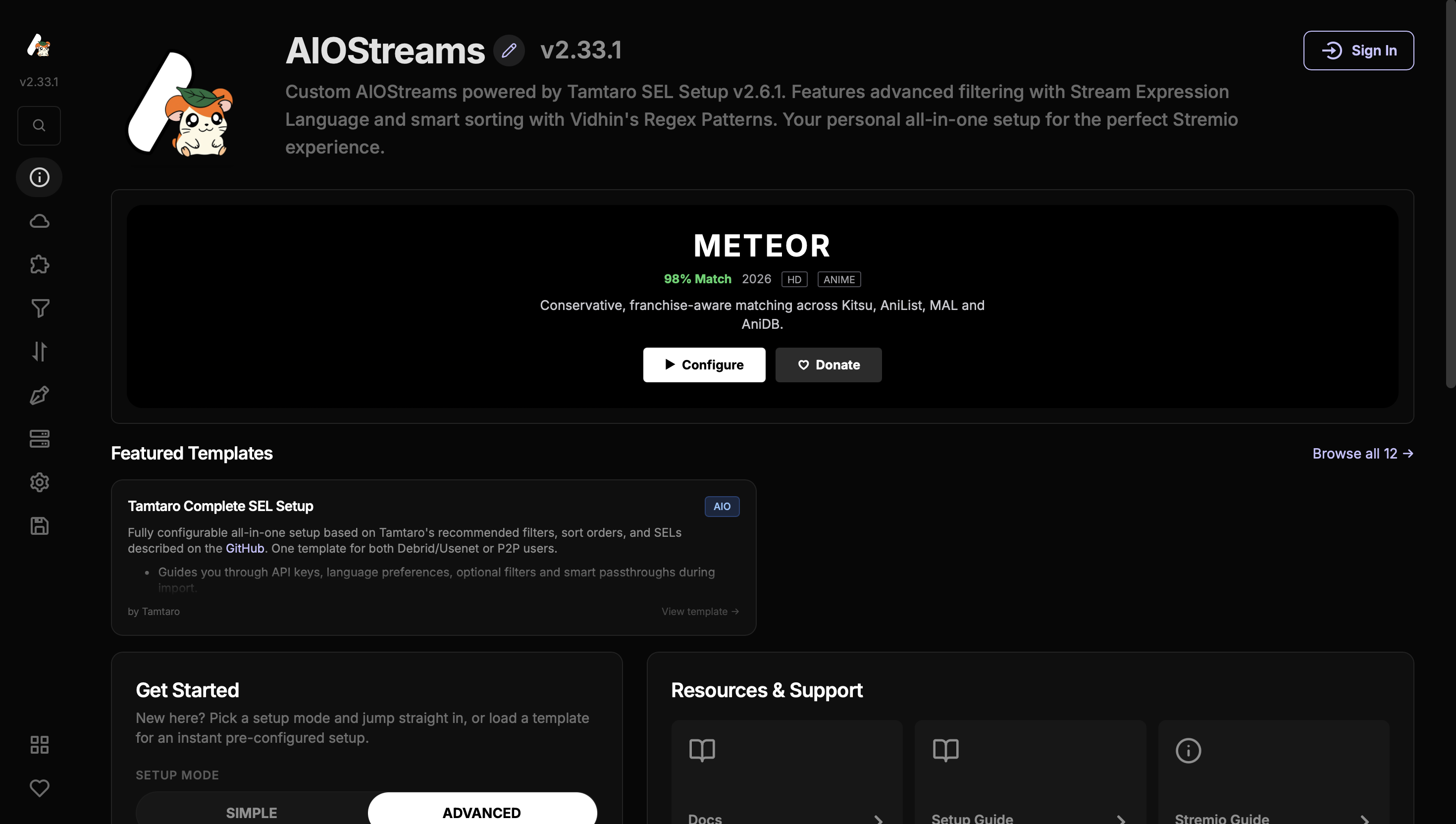 Página inicial do AIOStreams com a secção Featured Templates