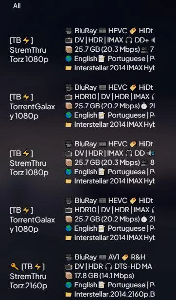 Lista de streams no Stremio com streams com legendas PT em primeiro lugar