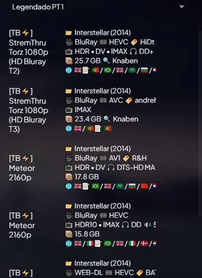 Lista de streams no Stremio com aba 
