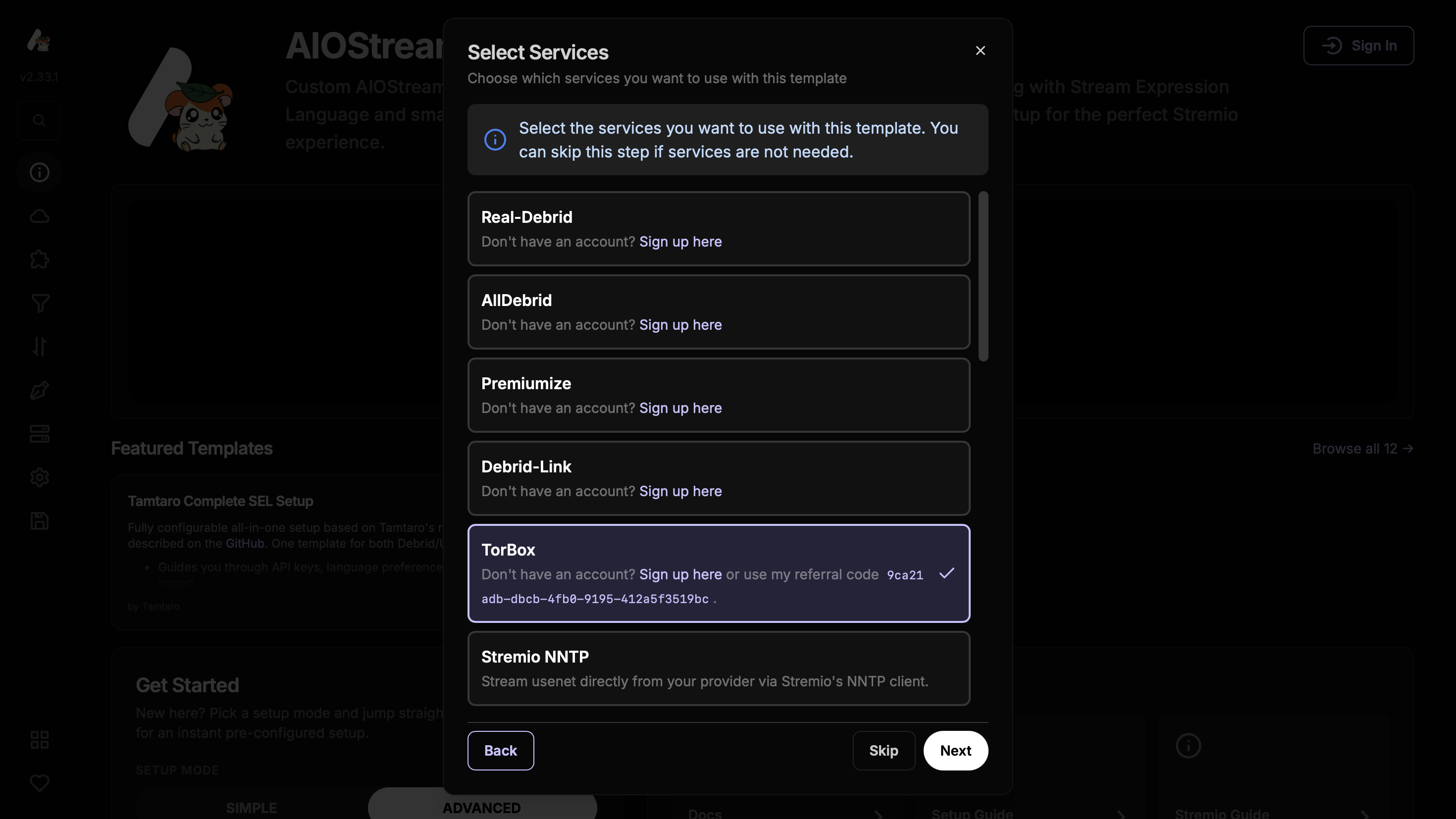 Passo Select Services do assistente AIOStreams com TorBox selecionado