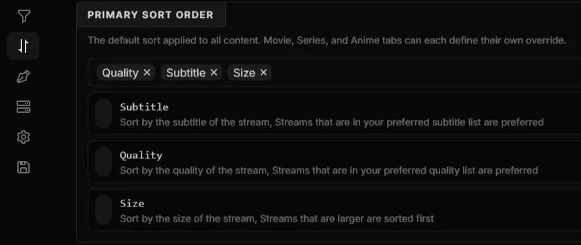 Ordenação no AIOStreams: Subtitle → Quality → Size