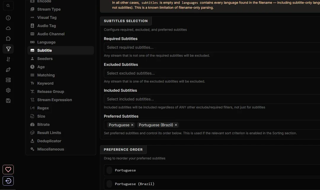 Filtro Preferred Subtitles no AIOStreams com Portuguese seleccionado