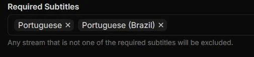 Filtro Required Subtitles no AIOStreams com Portuguese seleccionado