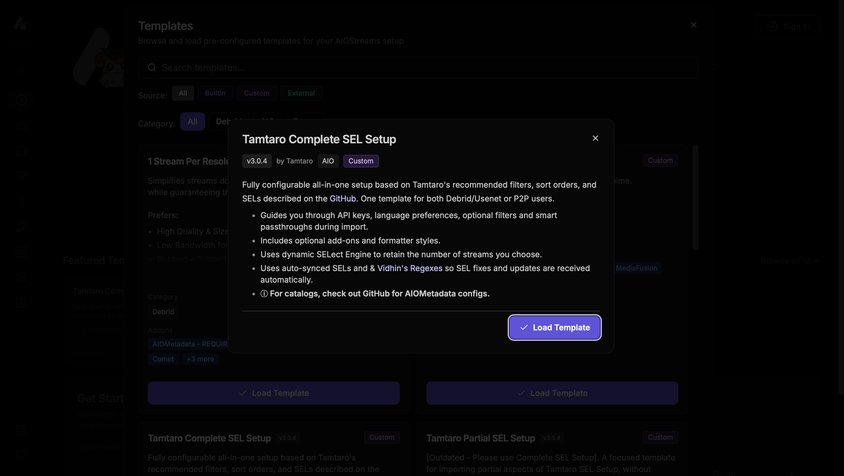 Modal do template Tamtaro Complete SEL Setup no AIOStreams