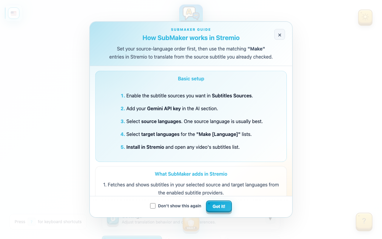 Página de configuração do SubMaker com os campos de API Key e idiomas