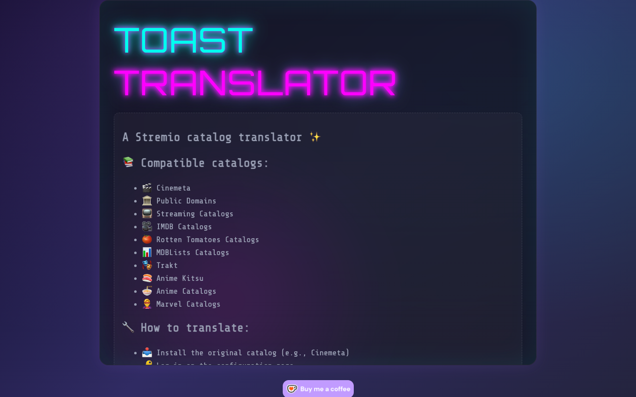 Página de configuração do Toast Translator com os campos de API Key e idioma