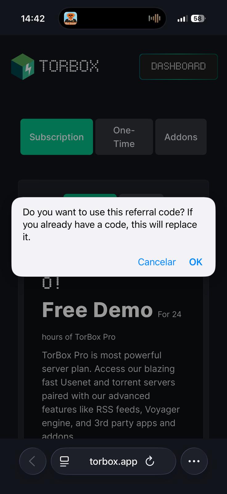 Dialog de confirmação do código de referência TorBox