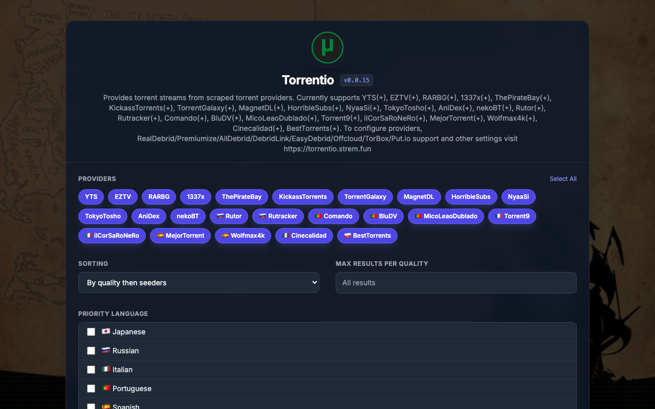 Página de configuração do Torrentio com TorBox selecionado como Debrid Provider